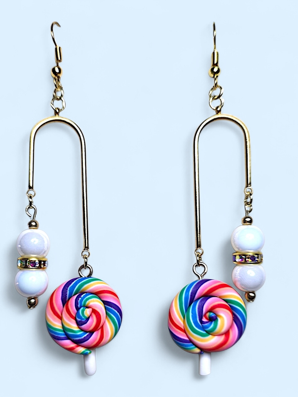 Rainbow Swirl Polymer Clay Lollipop & White Glass Bead Arch Earrings - Picture 4 of 4